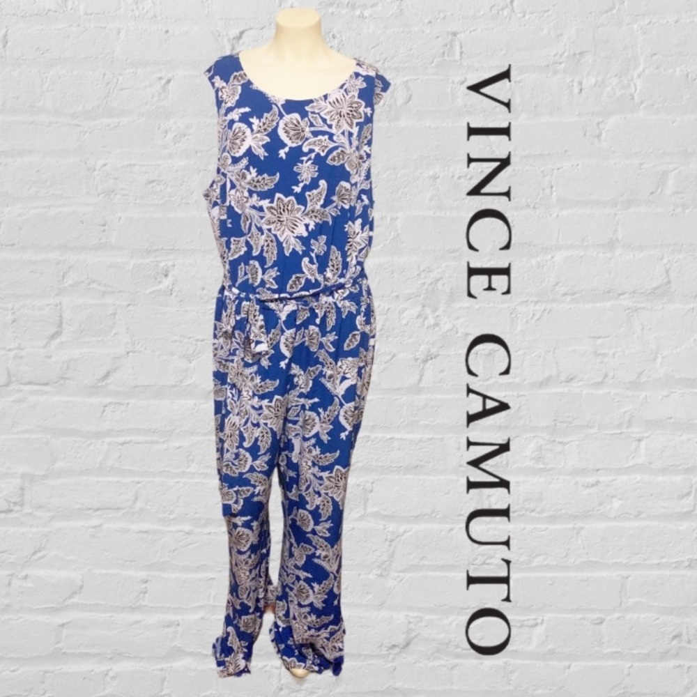 Vince Camuto Blue and White Floral Print Sleeveless Jumpsuit Size 2X - Picture 11 of 13